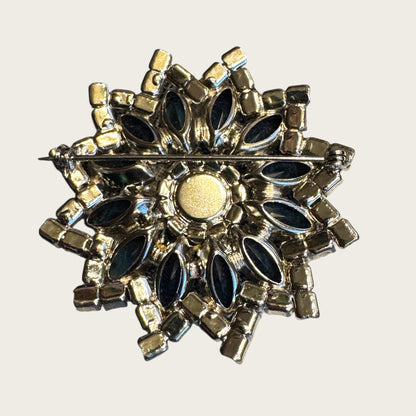Vintage Sapphire Blue & AB Layered Starburst Brooch – Open-Back Navette Stones, Mid-Century Statement Pin