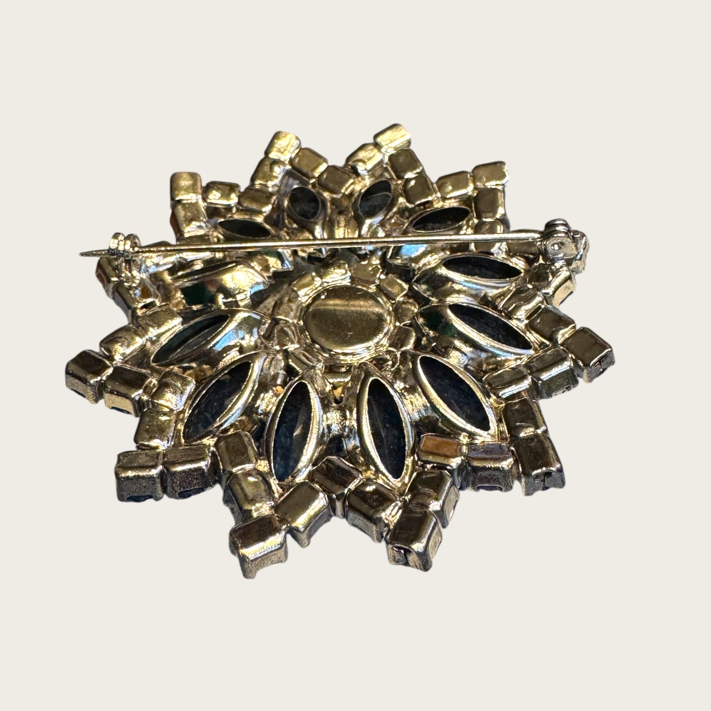 Vintage Sapphire Blue & AB Layered Starburst Brooch – Open-Back Navette Stones, Mid-Century Statement Pin