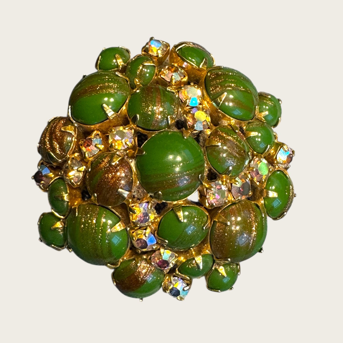 Vintage Domed Green Art Glass & AB Rhinestone Brooch – Gold-Flecked Marbled Glass Cabochons