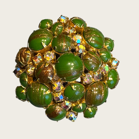 Vintage Domed Green Art Glass & AB Rhinestone Brooch – Gold-Flecked Marbled Glass Cabochons