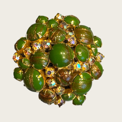 Vintage Domed Green Art Glass & AB Rhinestone Brooch – Gold-Flecked Marbled Glass Cabochons