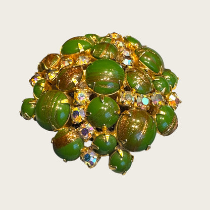 Vintage Domed Green Art Glass & AB Rhinestone Brooch – Gold-Flecked Marbled Glass Cabochons