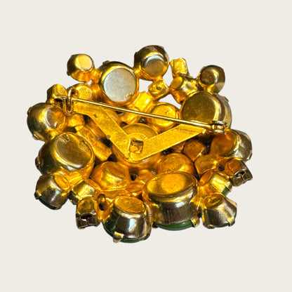 Vintage Domed Green Art Glass & AB Rhinestone Brooch – Gold-Flecked Marbled Glass Cabochons