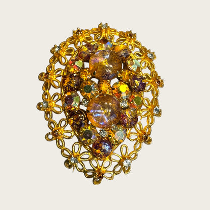 Vintage Dragon’s Breath Glass & Topaz AB Filigree Brooch – Floral Openwork Frame