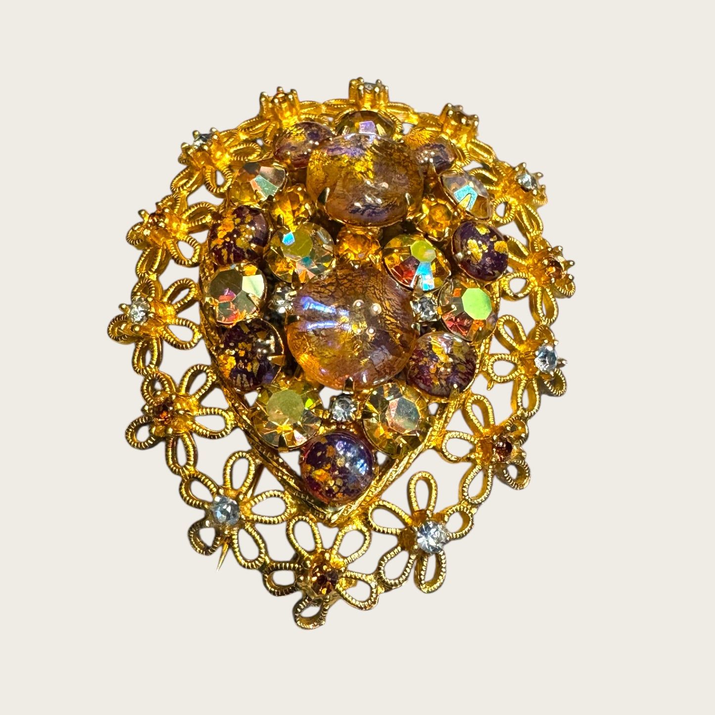 Vintage Dragon’s Breath Glass & Topaz AB Filigree Brooch – Floral Openwork Frame