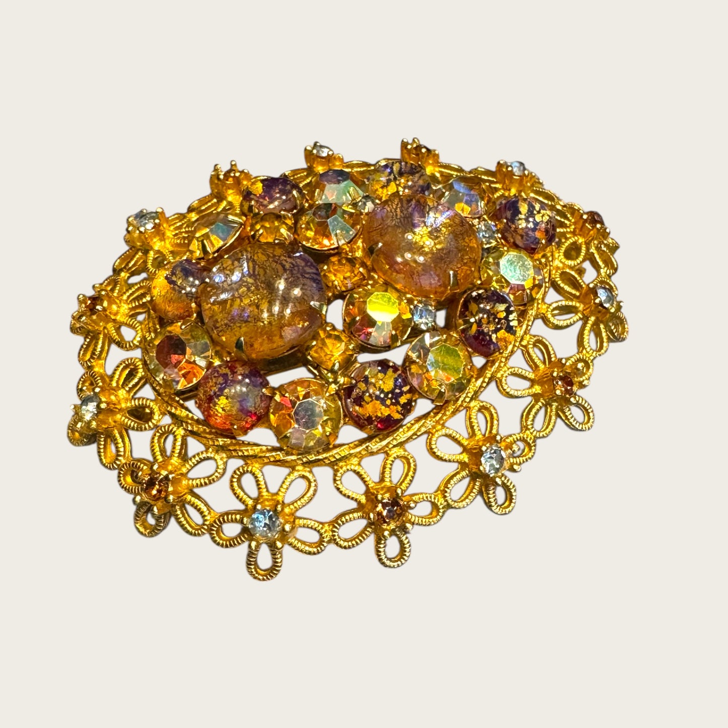 Vintage Dragon’s Breath Glass & Topaz AB Filigree Brooch – Floral Openwork Frame