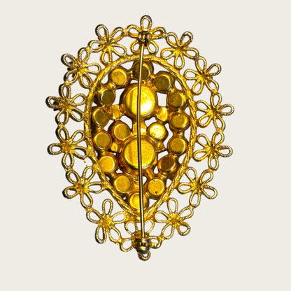 Vintage Dragon’s Breath Glass & Topaz AB Filigree Brooch – Floral Openwork Frame