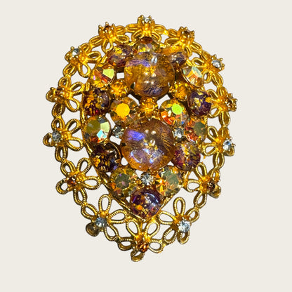Vintage Dragon’s Breath Glass & Topaz AB Filigree Brooch – Floral Openwork Frame