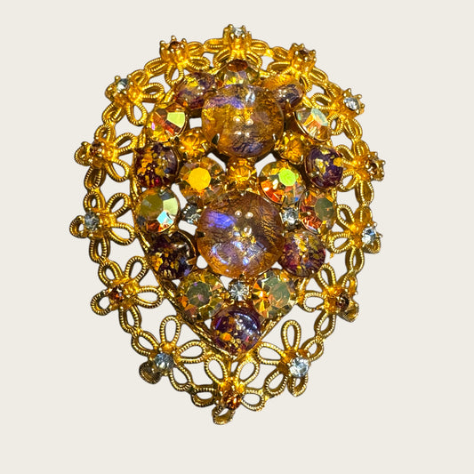 Vintage Dragon’s Breath Glass & Topaz AB Filigree Brooch – Floral Openwork Frame