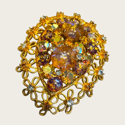 Vintage Dragon’s Breath Glass & Topaz AB Filigree Brooch – Floral Openwork Frame