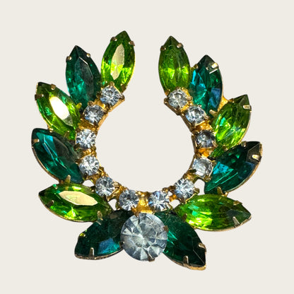 Vintage Emerald & Lime Green Marquise Rhinestone Wreath Brooch – Brilliant Mid-Century Statement Pin