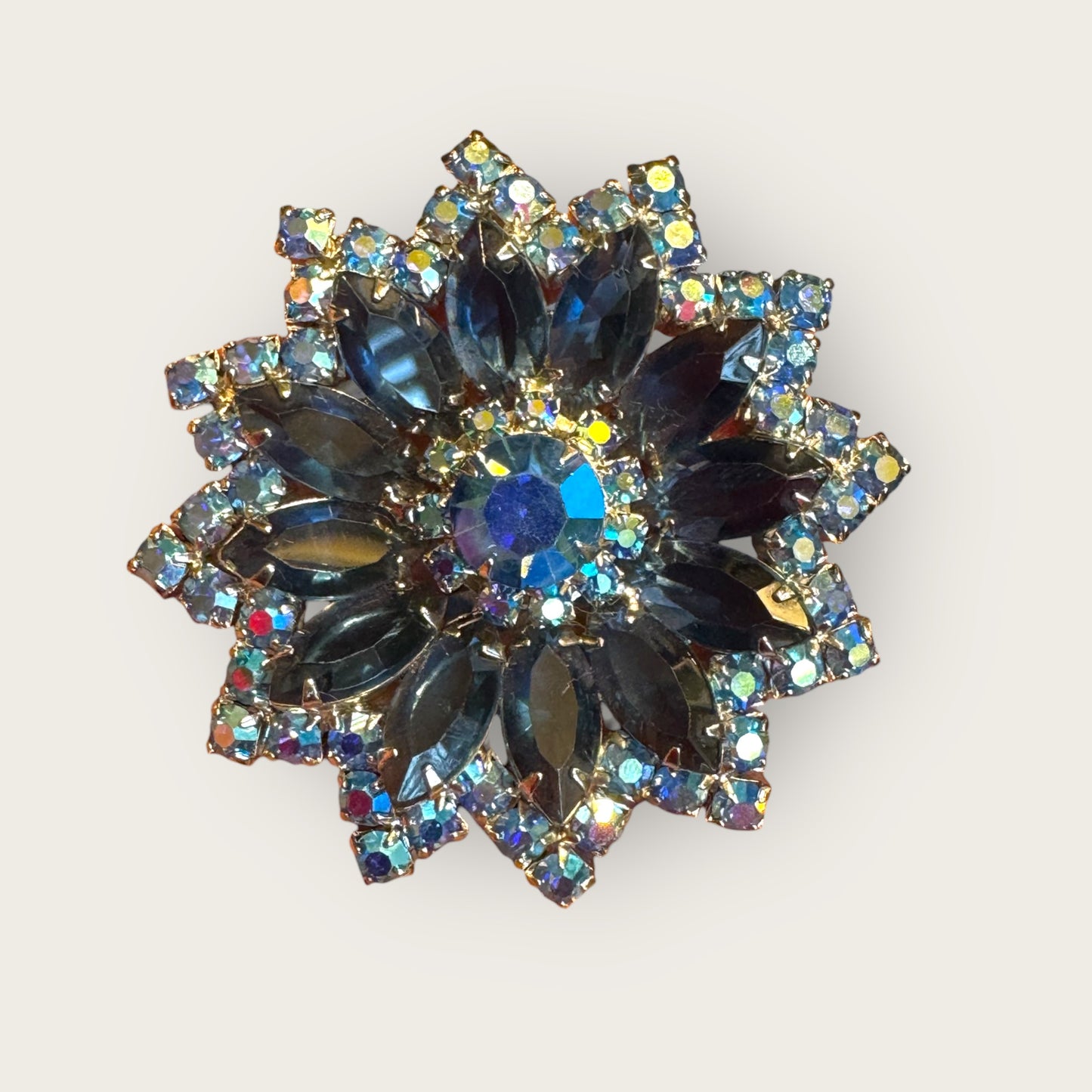 Vintage Sapphire Blue & AB Layered Starburst Brooch – Open-Back Navette Stones, Mid-Century Statement Pin