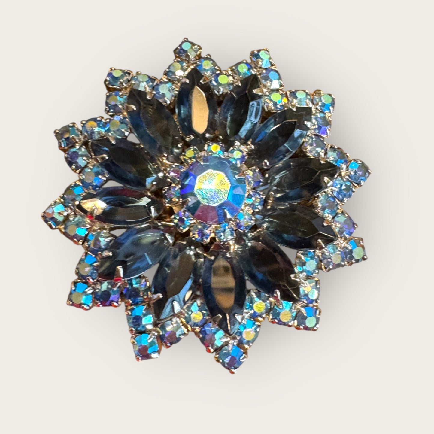 Vintage Sapphire Blue & AB Layered Starburst Brooch – Open-Back Navette Stones, Mid-Century Statement Pin