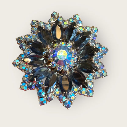 Vintage Sapphire Blue & AB Layered Starburst Brooch – Open-Back Navette Stones, Mid-Century Statement Pin
