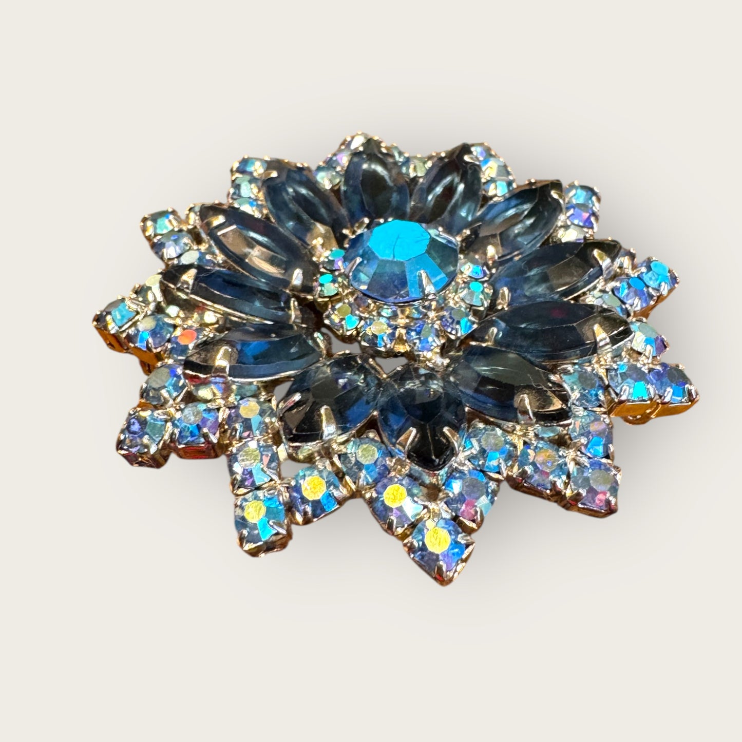 Vintage Sapphire Blue & AB Layered Starburst Brooch – Open-Back Navette Stones, Mid-Century Statement Pin