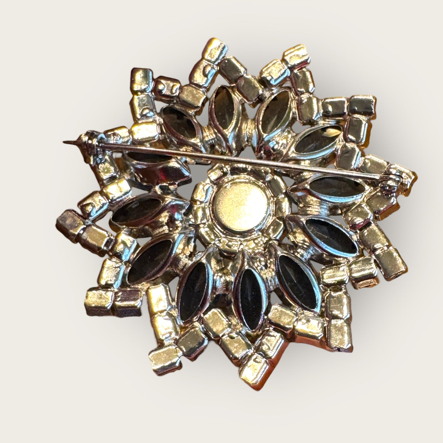 Vintage Sapphire Blue & AB Layered Starburst Brooch – Open-Back Navette Stones, Mid-Century Statement Pin