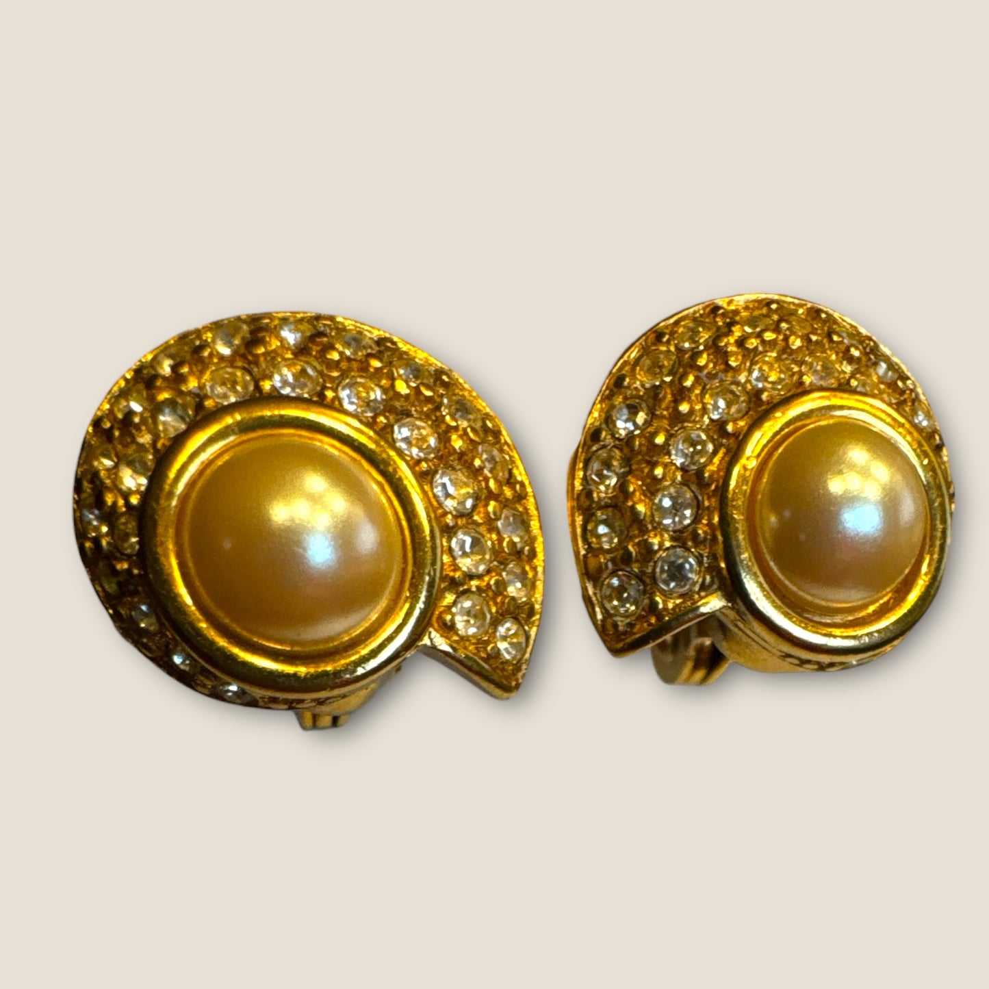 Vintage Monet Pearl & Crystal Pavé Clip-On Earrings – 1980s Gold-Tone Spiral Luxe