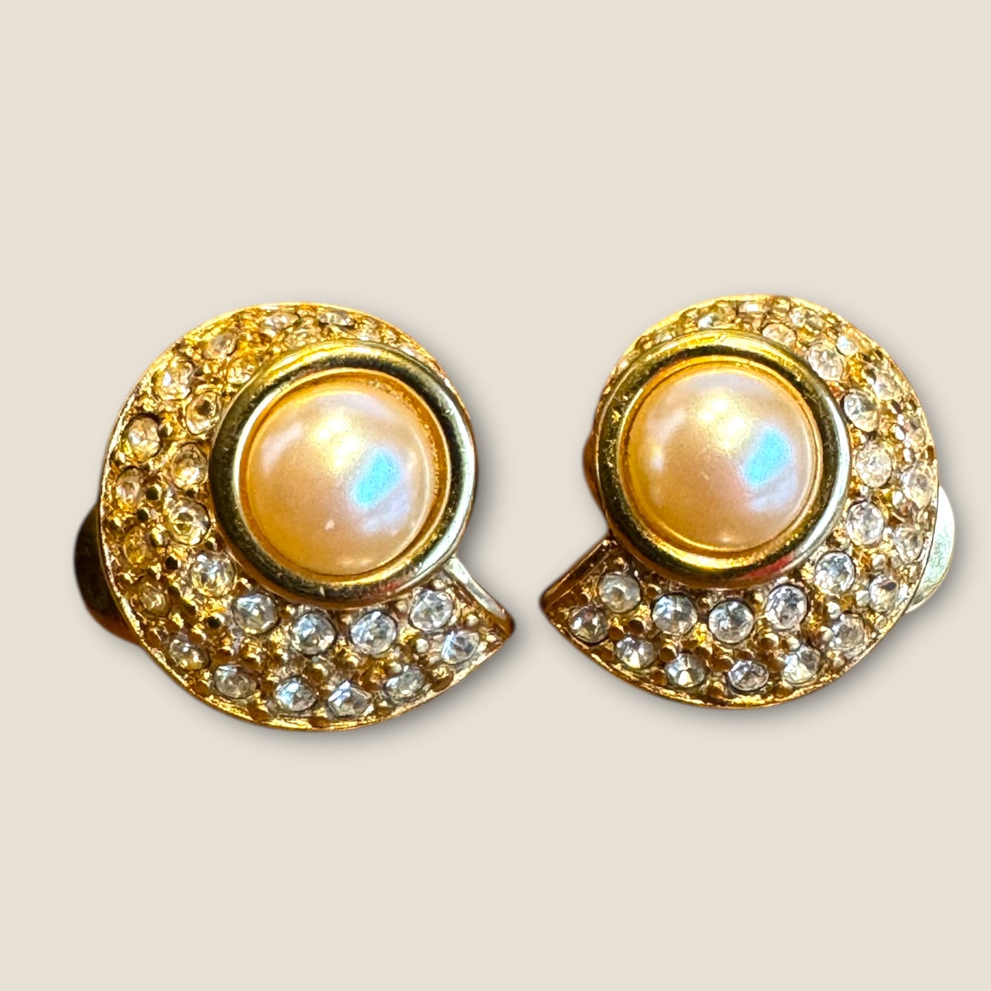 Vintage Monet Pearl & Crystal Pavé Clip-On Earrings – 1980s Gold-Tone Spiral Luxe
