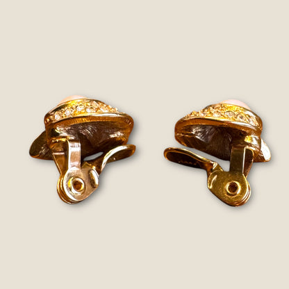 Vintage Monet Pearl & Crystal Pavé Clip-On Earrings – 1980s Gold-Tone Spiral Luxe