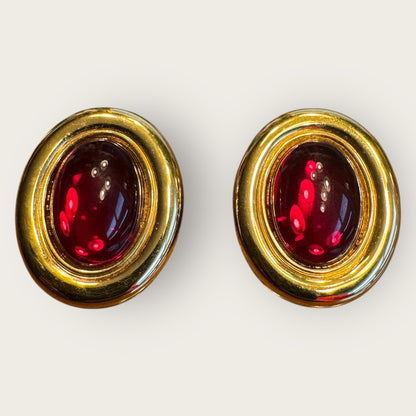 Vintage Monet Oval Glass Cabochon Clip-On Earrings – Ruby Red Cabochon, High-Polish Gold Tone
