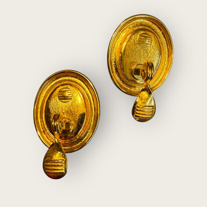 Vintage Monet Oval Glass Cabochon Clip-On Earrings – Ruby Red Cabochon, High-Polish Gold Tone