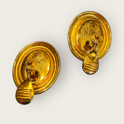 Vintage Monet Oval Glass Cabochon Clip-On Earrings – Ruby Red Cabochon, High-Polish Gold Tone