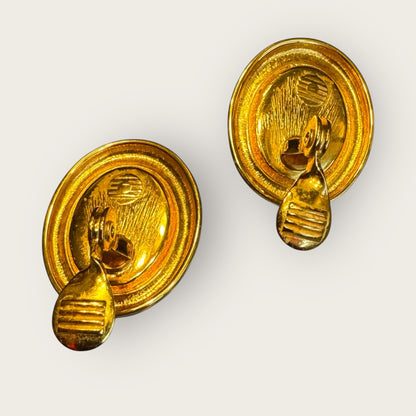 Vintage Monet Oval Glass Cabochon Clip-On Earrings – Ruby Red Cabochon, High-Polish Gold Tone