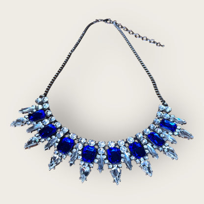 Sapphire Glass & Gunmetal Statement Collar Necklace – Emerald-Cut Blue Rhinestones & Crystal Navettes