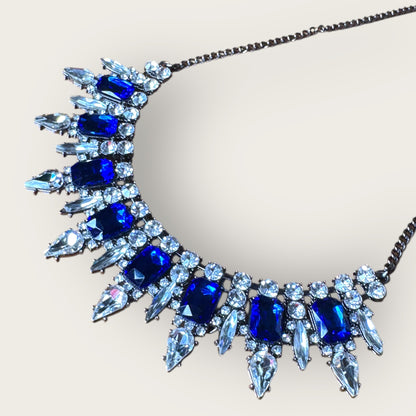 Sapphire Glass & Gunmetal Statement Collar Necklace – Emerald-Cut Blue Rhinestones & Crystal Navettes