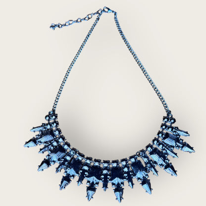 Sapphire Glass & Gunmetal Statement Collar Necklace – Emerald-Cut Blue Rhinestones & Crystal Navettes