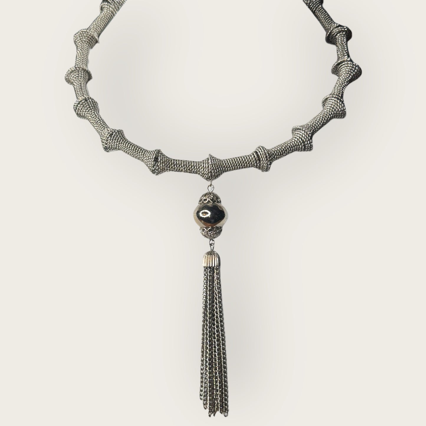 Vintage Silver Mesh Sculptural Choker Necklace with Ornate Tassel – Avant-Garde Statement Collar