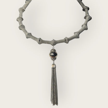 Vintage Silver Mesh Sculptural Choker Necklace with Ornate Tassel – Avant-Garde Statement Collar