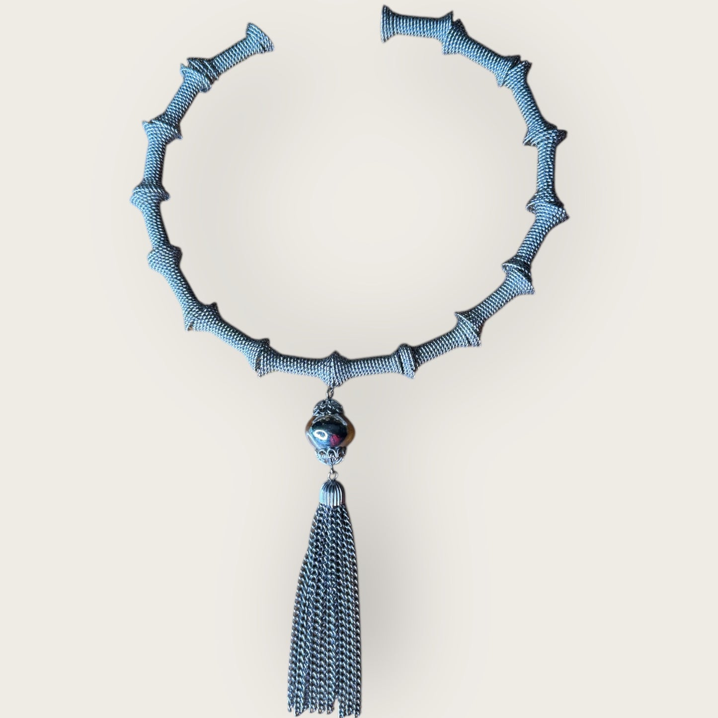Vintage Silver Mesh Sculptural Choker Necklace with Ornate Tassel – Avant-Garde Statement Collar