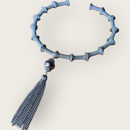 Vintage Silver Mesh Sculptural Choker Necklace with Ornate Tassel – Avant-Garde Statement Collar
