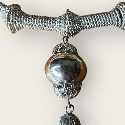 Vintage Silver Mesh Sculptural Choker Necklace with Ornate Tassel – Avant-Garde Statement Collar