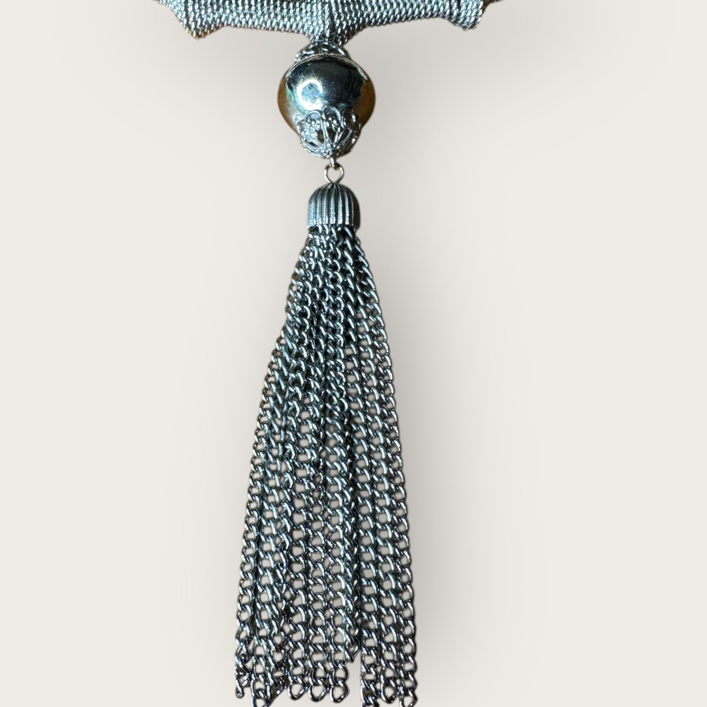 Vintage Silver Mesh Sculptural Choker Necklace with Ornate Tassel – Avant-Garde Statement Collar