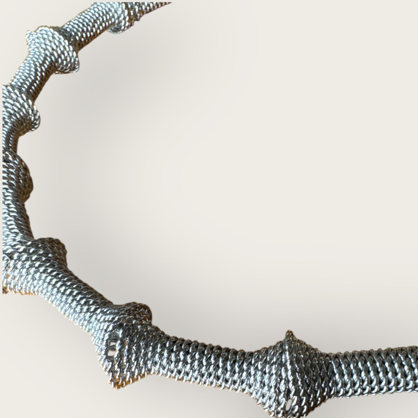 Vintage Silver Mesh Sculptural Choker Necklace with Ornate Tassel – Avant-Garde Statement Collar