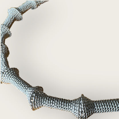 Vintage Silver Mesh Sculptural Choker Necklace with Ornate Tassel – Avant-Garde Statement Collar