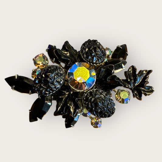 Vintage 1960s Judy Lee Maple Leaf Brooch – Mulberry Black Lava Glass & Aurora Borealis Rhinestones