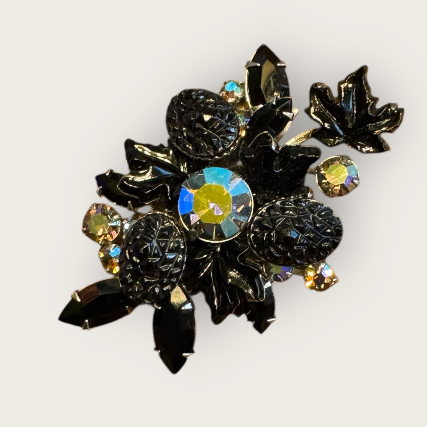 Vintage 1960s Judy Lee Maple Leaf Brooch – Mulberry Black Lava Glass & Aurora Borealis Rhinestones