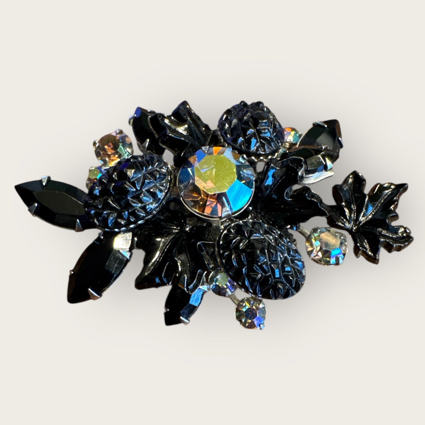 Vintage 1960s Judy Lee Maple Leaf Brooch – Mulberry Black Lava Glass & Aurora Borealis Rhinestones