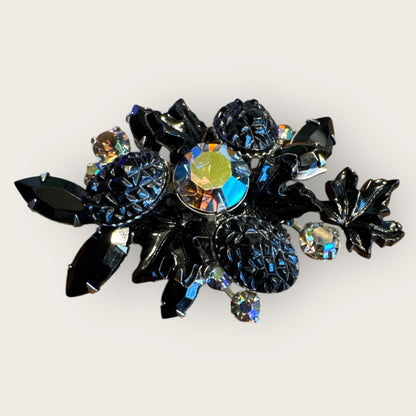 Vintage 1960s Judy Lee Maple Leaf Brooch – Mulberry Black Lava Glass & Aurora Borealis Rhinestones
