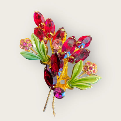 Vintage Ruby-Red & Enamel Floral Bouquet Brooch – Emerald Green Leaves, Fuchsia Accents, Textured Gold Backing