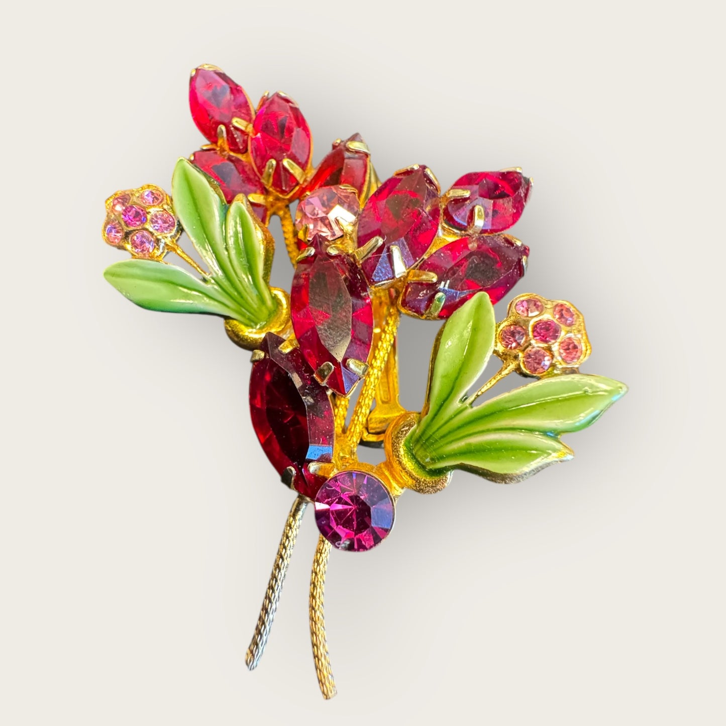 Vintage Ruby-Red & Enamel Floral Bouquet Brooch – Emerald Green Leaves, Fuchsia Accents, Textured Gold Backing