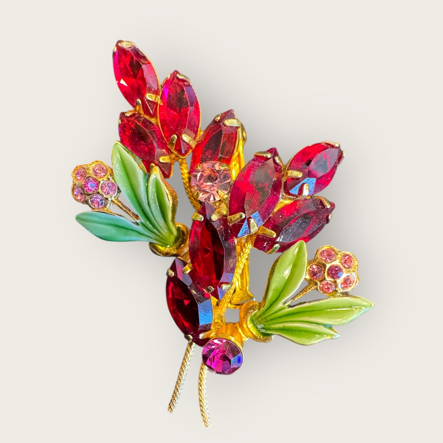 Vintage Ruby-Red & Enamel Floral Bouquet Brooch – Emerald Green Leaves, Fuchsia Accents, Textured Gold Backing