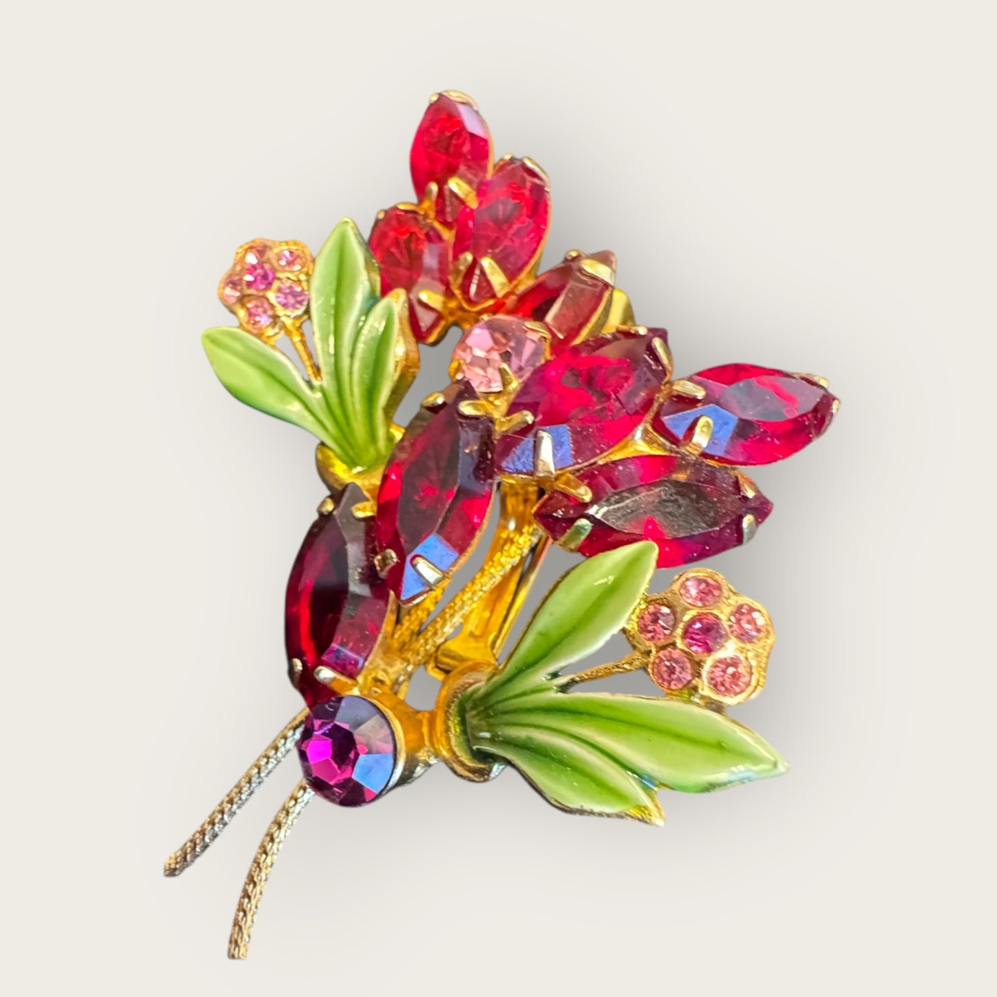 Vintage Ruby-Red & Enamel Floral Bouquet Brooch – Emerald Green Leaves, Fuchsia Accents, Textured Gold Backing