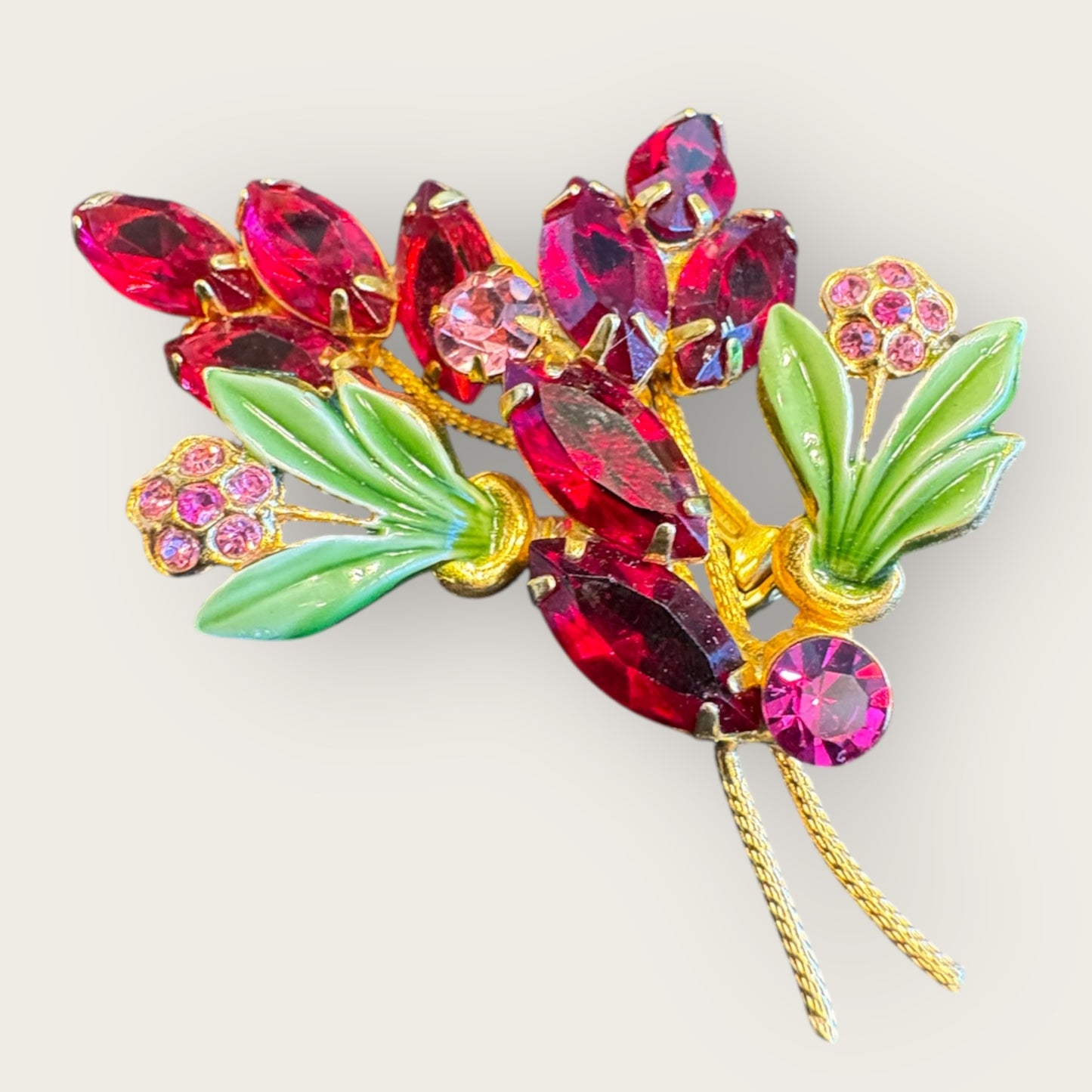 Vintage Ruby-Red & Enamel Floral Bouquet Brooch – Emerald Green Leaves, Fuchsia Accents, Textured Gold Backing
