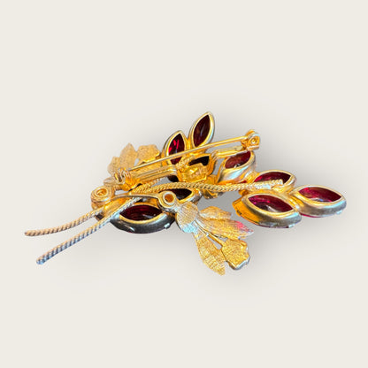 Vintage Ruby-Red & Enamel Floral Bouquet Brooch – Emerald Green Leaves, Fuchsia Accents, Textured Gold Backing