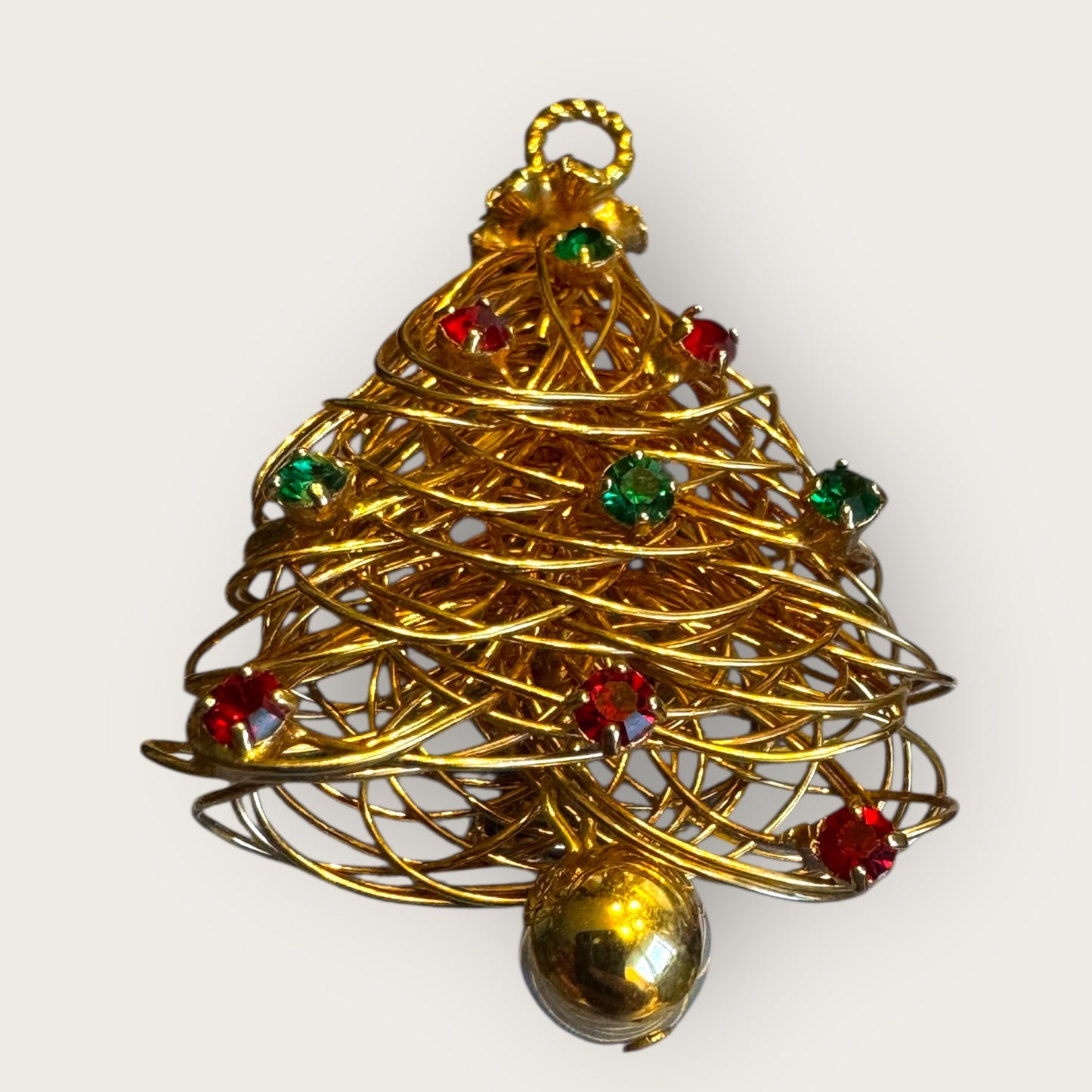 Vintage Wire-Wrapped Christmas Tree Brooch – Gold-Tone with Red & Green Rhinestones