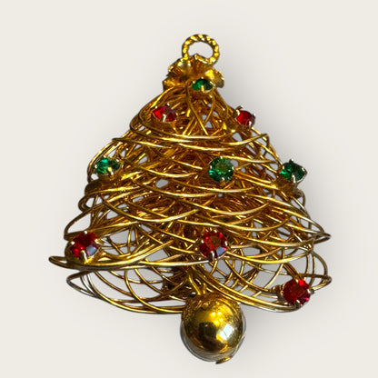 Vintage Wire-Wrapped Christmas Tree Brooch – Gold-Tone with Red & Green Rhinestones